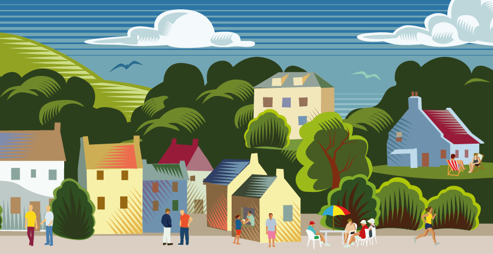 illustration of houses, trees and people