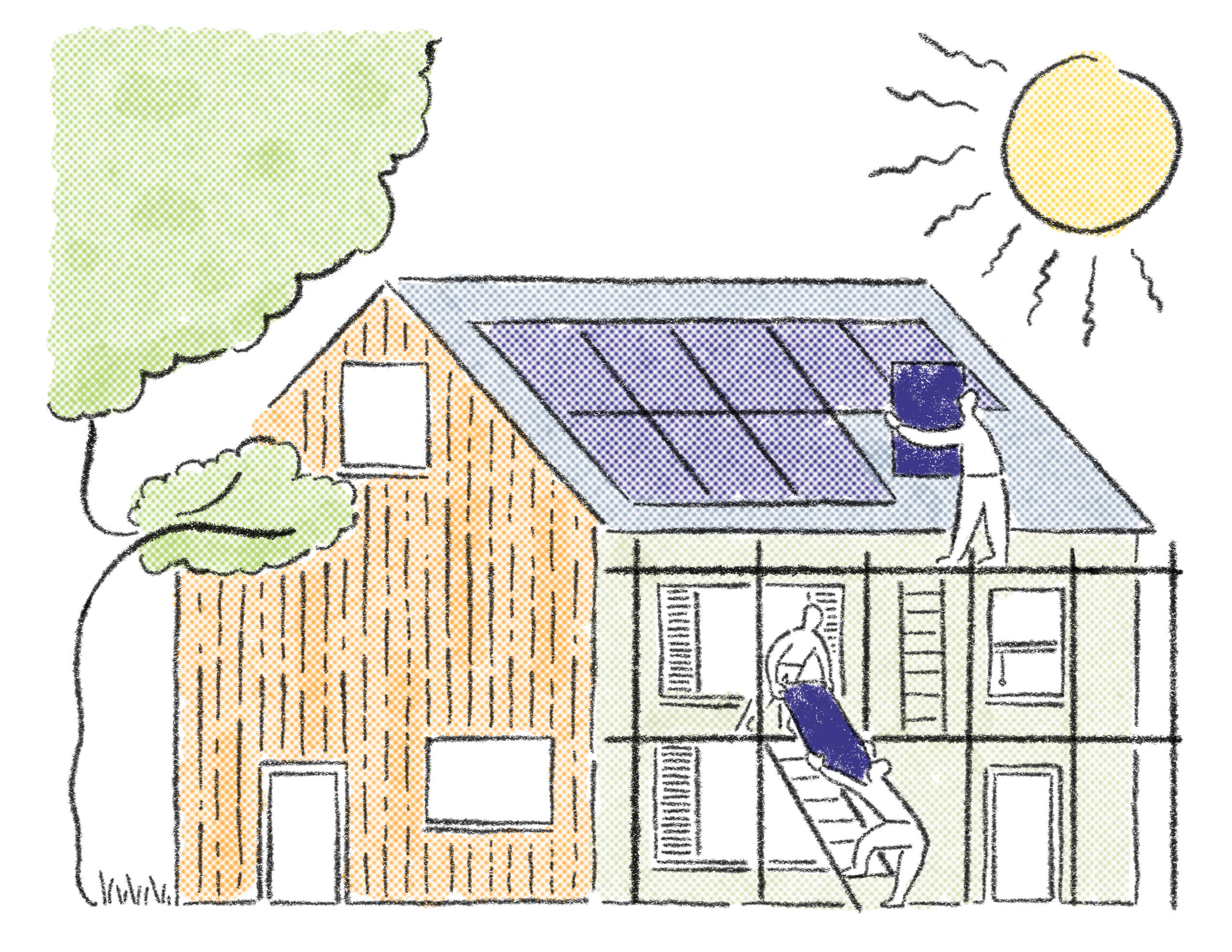 illustration of home with solar pv or solar thermal