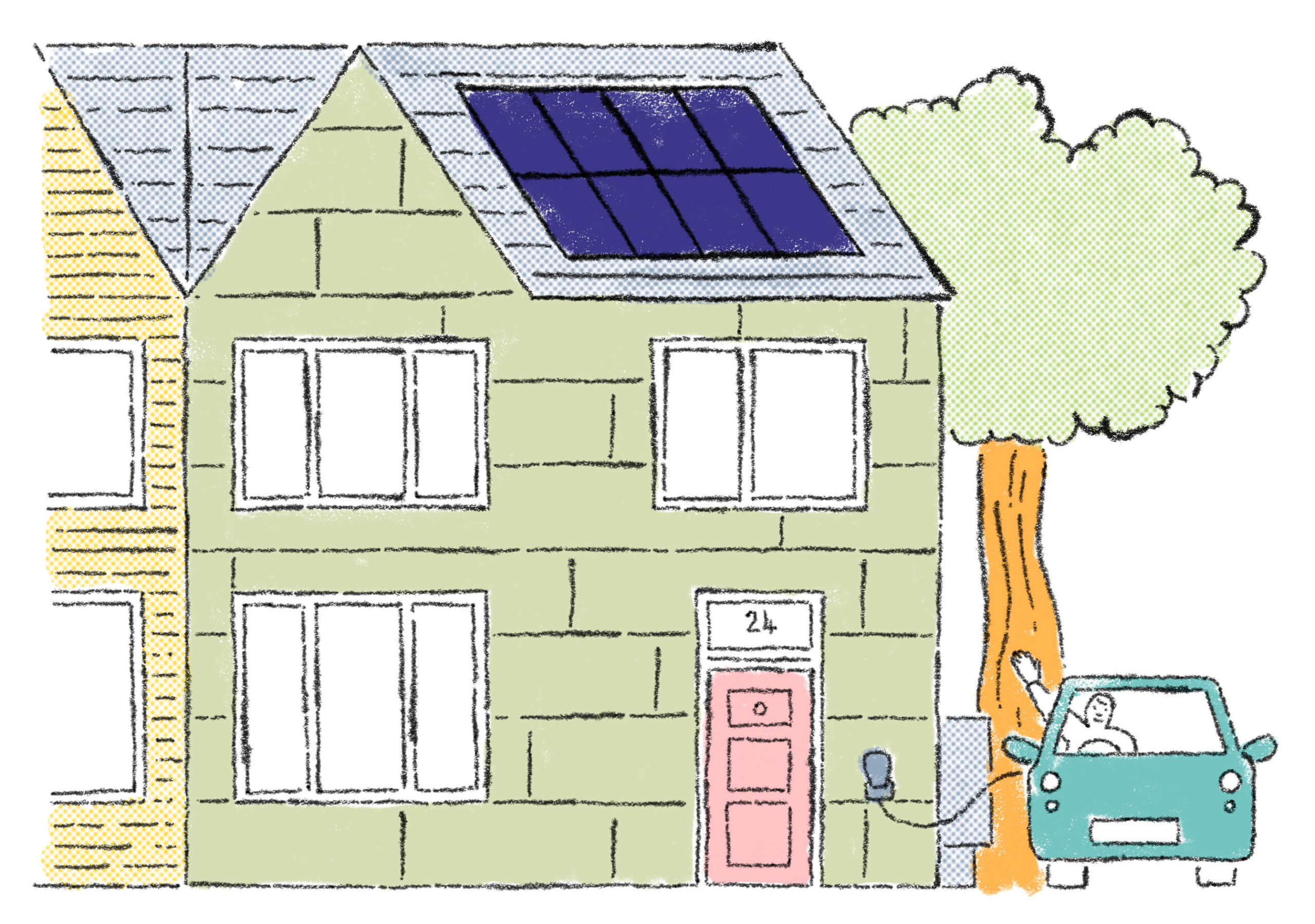 illustration of house with electric vehicle